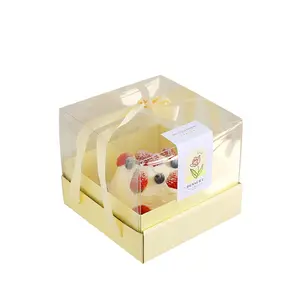4/6Inch Light Yellow Ribbon Handle Cake Paper Packaging Box PVC Transparent Cover Birthday Party Gift Pastry Box