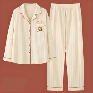 Pigiama da <span class=keywords><strong>Donna</strong></span> 100% <span class=keywords><strong>Cotone</strong></span> Stile Coreano a Maniche Lunghe, Abbigliamento per Casa Autunno-Estate, Completo Leggero Indossabile - Product Image 6