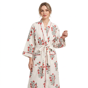 Main bloc blanc imprimé fleuri Kimono femmes léger coton tenue de nuit Robe de douche respirant pour maillots de bain robe de confort - Product Image 1