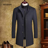 Manteau Slim en Laine à Simple Boutonnage pour Homme Automne/Hiver Manteau Chaud à Boutons Décorés à Fermeture Éclair Pardessus Longue Longueur Faux Design Deux Pièces