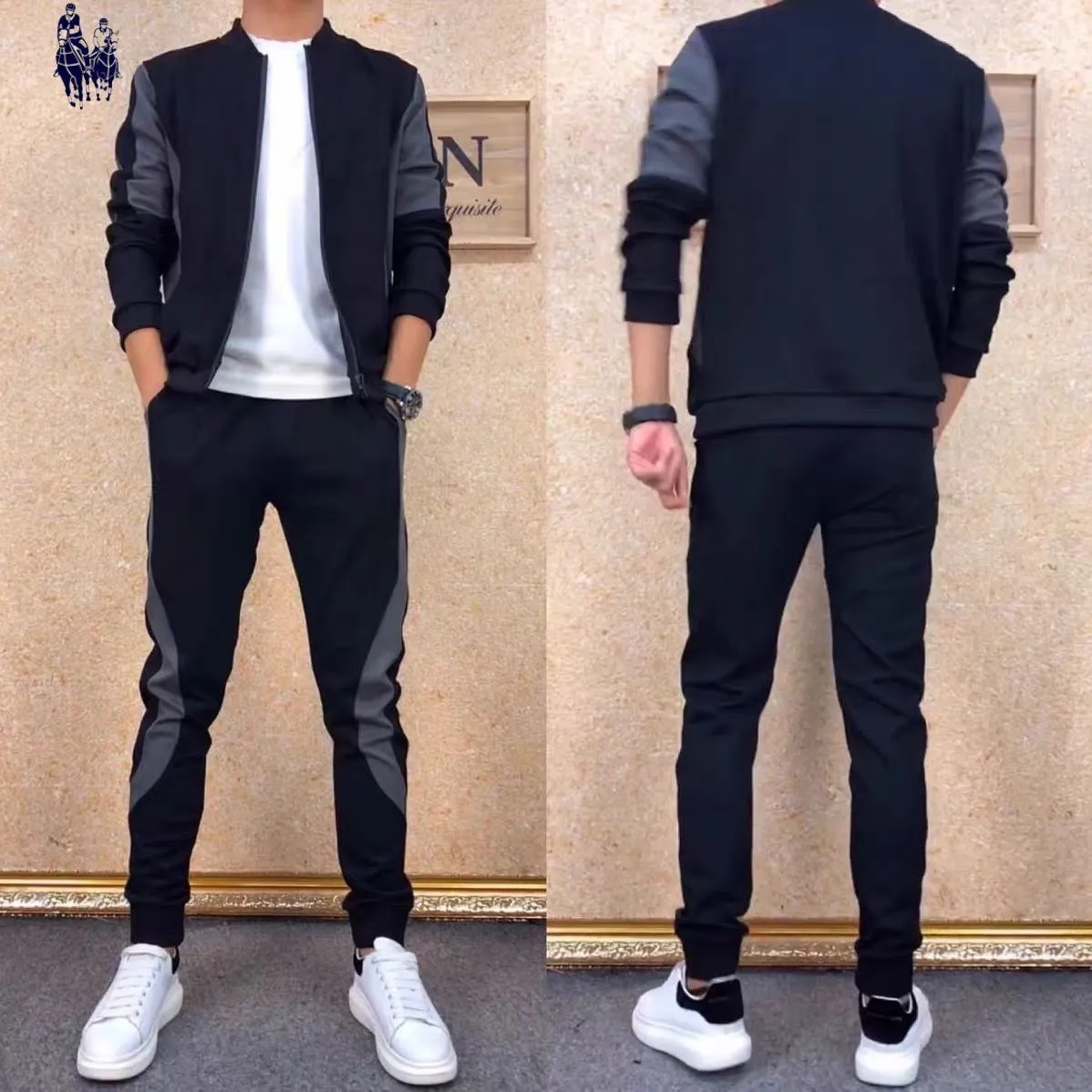 2023 primavera y otoño, traje deportivo informal para hombre, chaqueta, pantalones faja, cremallera, cuello levantado, pantalones de manga larga, traje deportivo, 2 conjuntos