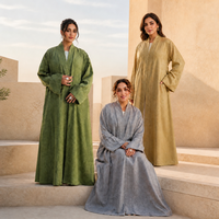 Grande liquidation : Abaya ouverte en mélange de lin, robe longue ceinturée pour femmes musulmanes, tenue islamique minimaliste de Dubaï