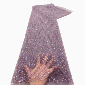 Ni. Ai sang trọng màu đỏ đính cườm ren lưới hoa cô dâu lưới thêu Sequins ren vải với ngọc trai cho vật liệu váy cưới - Product Image 2