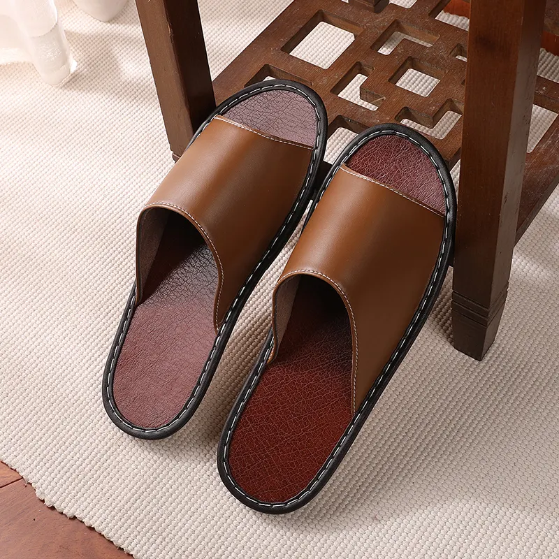 Indoor leather upper material summer high quality fashion brown men's home slide for wholesale
