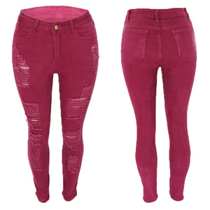 Femmes Taille Haute Noir Déchiré Jeans Plus La Taille 3XL <span class=keywords><strong>Skinny</strong></span> Denim Crayon Pantalon Bourgogne Stretch Robuste Déchiré Affligé Jeans - Product Image 4
