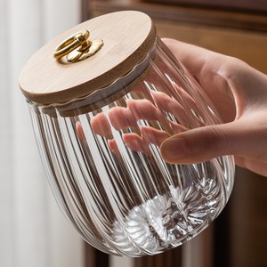 Pot en verre rayé avec couvercle en bambou, forme cylindrique, récipient de rangement pour grains de café et feuilles de thé - Product Image 1