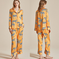 Ensemble de pyjama pour femmes en tissu satin de soie classique de haute qualité, imprimé rayé, col rabattu, manches longues, taille élastique, automne