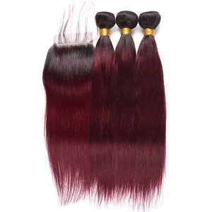 3 pack bundles with closure 1B/99J bone straight burgundy bundles human hair blend bundles with closure raw vietnamese wig