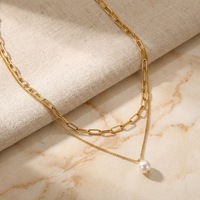 Collar de Cadena con Clip de Doble Capa y Colgante de Perla, Acero Inoxidable 316L, Oro 18K PVD, Hipoalergénico para Mujer