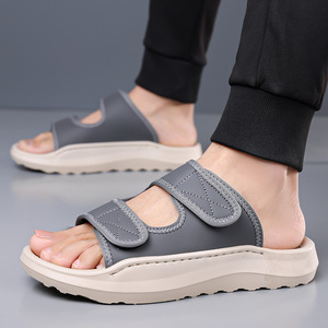 Men's Summer <b>Slides</b> Open Toe Pu Upper EVA Outsole Anti <b>Slip</b> Casual Beach Sandals Hook Loop Closure Solid Color - Product Image 2
