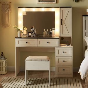 Beyaz ışıklar ayna çekmeceleri şarj istasyonu ile büyük Modern Vanity masa Vanity makyaj masası - Product Image 4