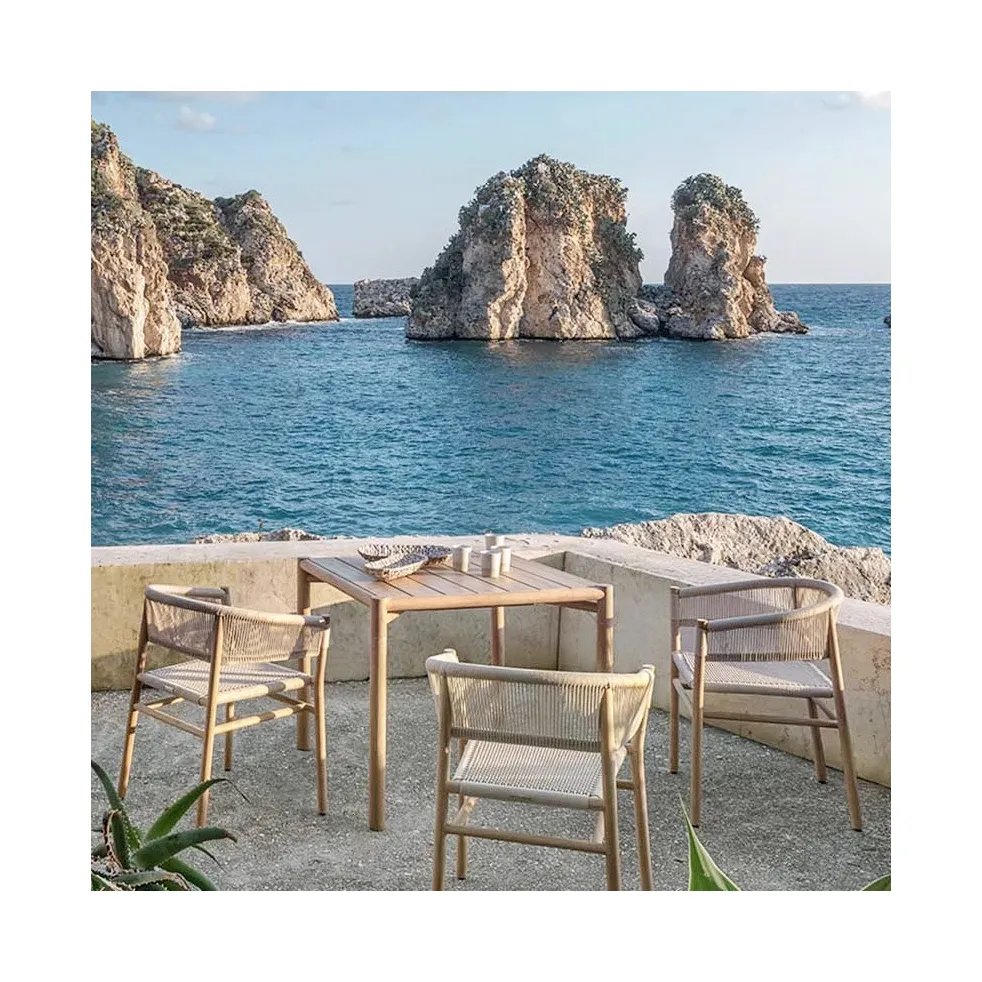 Modern açık oturma mobilya basit tasarım 5 parça Bistro Set yuvarlak ahşap yastıkları ile yemek masası ve 4 Rattan sandalyeler