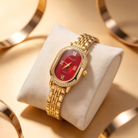 Montre-bracelet vintage pour femme, bracelet en acier inoxydable doré, cadran rouge, boîtier ovale avec strass, montre pour femme