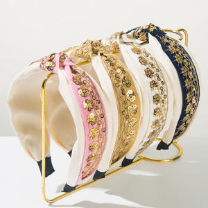 Serre-tête coréen rétro fait main en tissu à sequins pour femme, accessoire capillaire large à nœud pour mariage et fête - Product Image 1