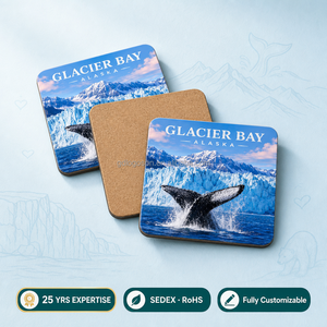 Posavasos Personalizados al por Mayor con Diseño de Cola de Ballena del Golfo de Glaciar de Alaska, Impresión UV, Base de Corcho MDF, Ecológicos, Resistentes al Calor, 10 cm de Diámetro - Product Image 1