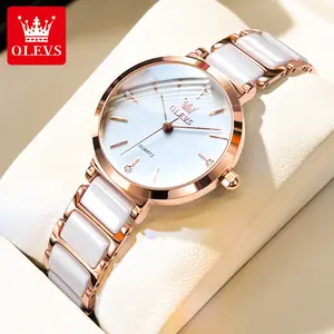 OLEVS 5877新款时尚陶瓷表带石英女式手表防水奢侈品牌女式手表日期钟礼品