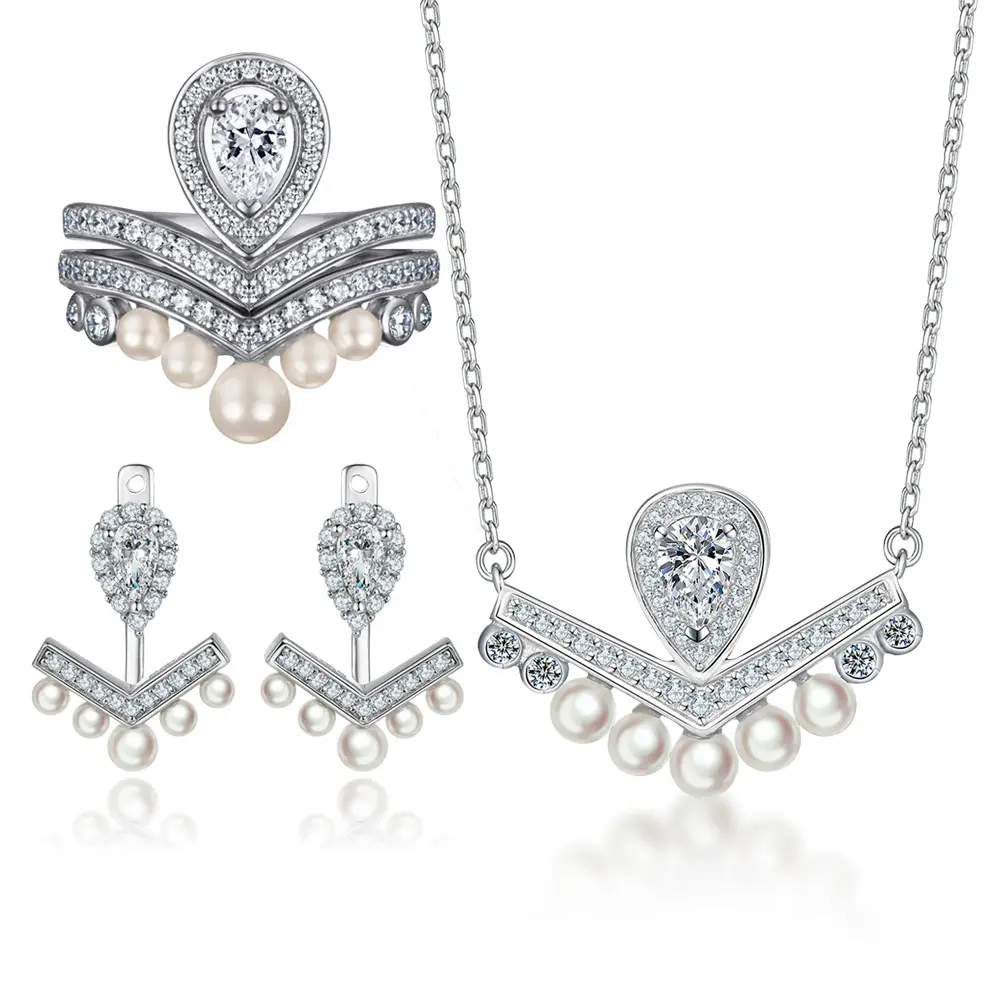Hochwertiges Schmuckset Frauen hochschmeckerei europäisch 925 silberne Krone Ring Fransen Perlenohrringe leicht luxus V-förmige Halskette