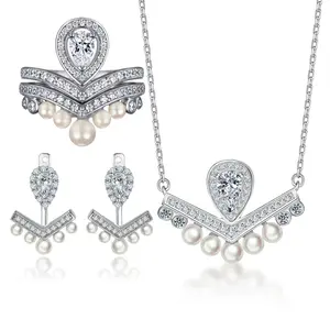 High Quality Jewelry Set Women's High Sense European 925 Silver Crown Ring Fringe Pearl Earrings Light Luxury V-shaped Necklace