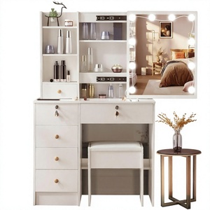 Ensemble de coiffeuse moderne pour chambre à coucher avec tabouret rembourré, station de charge, miroir réglable, éclairage intelligent et table de rangement - Product Image 4