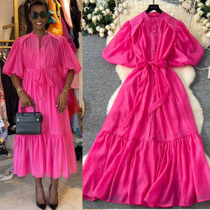 Ethnischer Stil Big Swing Print Kleid Gürtel Knöpfe Laterne Ärmel Frauen Temperament A-Linie Ballkleid - Product Image 6