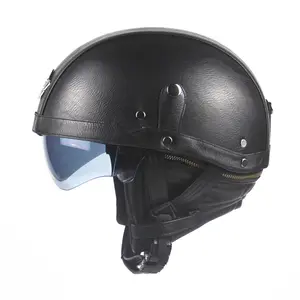 Casco Retro de cuero Pu para motociclista, sombrilla de media cara abierta, lente Dual de Motor