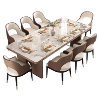 Table à manger minimaliste italienne en métal brillant de luxe léger, design moderne pour 8 personnes ; Table à manger rectangulaire style villa avec plateau en marbre