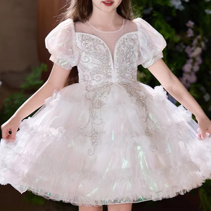 Elegante Falda corta para niños con mangas abullonadas para fiesta de cumpleaños, primer cumpleaños, bautizo y vestido de novia - Product Image 1