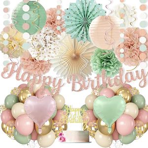 Globos Crema, Pancarta Feliz <span class=keywords><strong>Cumpleaños</strong></span>, Faroles <span class=keywords><strong>de</strong></span> Papel Color Durazno, Pompones <span class=keywords><strong>de</strong></span> Papel, Abanico, Decoraciones <span class=keywords><strong>de</strong></span> <span class=keywords><strong>Cumpleaños</strong></span> en Color Champán Dorado y Beige <span class=keywords><strong>para</strong></span> Mujeres y Niñas - Product Image 6