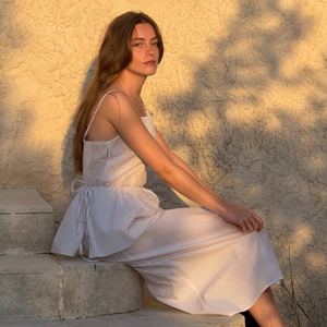 여름 우아한 캐주얼 여성 투피스 세트 원피스 화이트 스트라이프 스파게티 스트랩 Peplum 탄성 허리 레이스 솔리드 코튼 플로우 - Product Image 2