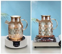 Bouilloires à thé en verre borosilicate à motif diamant de 1000 à 1800 ml, 1000 ml, 1500 ml, 1800 ml, pichet à eau résistant à la chaleur avec couvercle et poignée