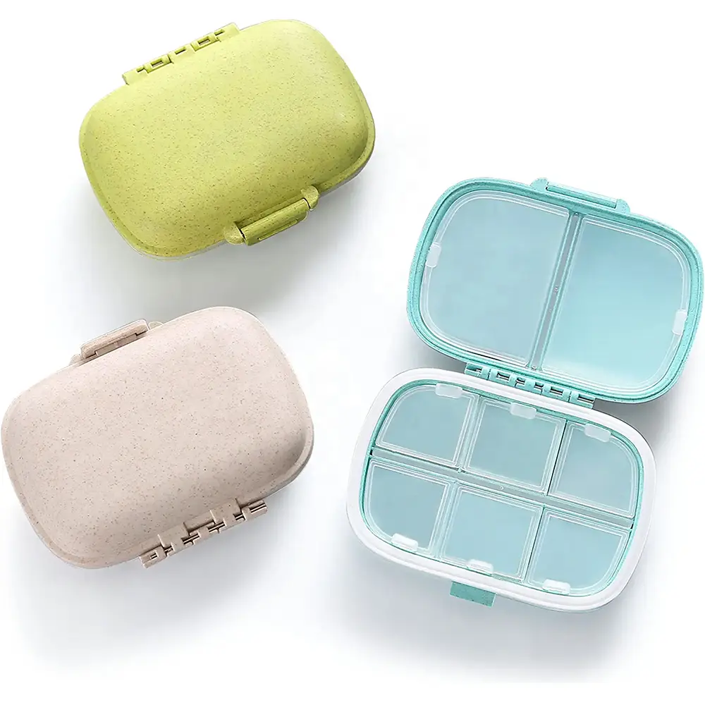 Wheat Straw 8 Compartments Travel Pill Organizer Moisture Proof Small Pill Box for Pocket Pill Case Portable Medicine Vitamin