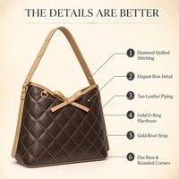 Tas Hobo Wanita Model Quilted, Bahan Kulit Cokelat, Cocok untuk Musim Panas, Dingin, dan Gugur, Dilengkapi Pita, Tali Selempang, dan Ritsleting, Warna Emas