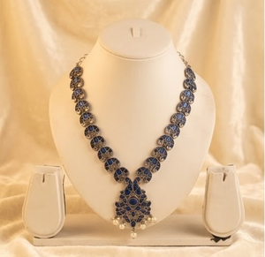 Traditional Royal <b>Blue</b> Floral Motif Custom Classic Oxydized Silver <b>Necklace</b> Earring Set Women Ethnic Statement Anniversary - Product Image 3