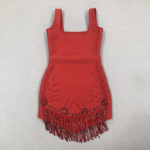 Abito da Sera Elegante Rosso <span class=keywords><strong>con</strong></span> Scollo Quadrato e <span class=keywords><strong>Frange</strong></span> di Perline per Eventi Cocktail, Feste e Celebrazioni di Lusso - Product Image 6