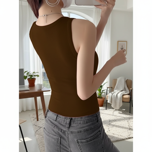 Canotta da donna slim fit con scollo rotondo in misto poliestere ed elastan, colore marrone caffè, con spilla, confortevole, lavabile a mano, lavabile in lavanderia professionale - Product Image 3