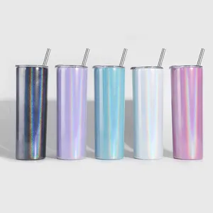 Tumbler Ketat Logam Stainless Steel, Tumbler Ketat Logam Glitter Lurus 20 Oz Putih dengan Sedotan dan Tutup