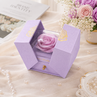Boîte à bijoux de luxe violette à double ouverture magnétique avec tiroir pour rose éternelle, logo personnalisé en feuille d'or, cadeau de Saint-Valentin