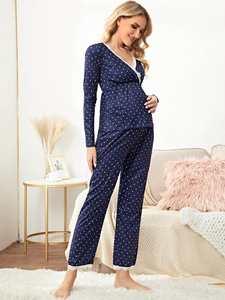 Vêtements de maternité, pyjama d'allaitement à manches longues, pyjama de maternité en coton à pois avec bordure en dentelle et col superposé - Product Image 5