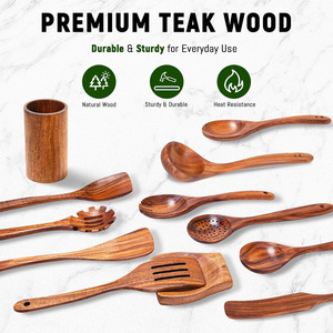 Natural Acacia Utensils Wood Spoon 9PCS Non-Stick Ustensiles De Cuisine Kitchen Accessories Cooking Kit Kitchen Utensil <b>Set</b> - Product Image 3