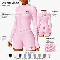 Ensemble de yoga athleisure OEM personnalisé avec logo, comprenant un crop top zippé à manches longues coupe ajustée et un short cycliste taille haute, idéal pour le sport et les loisirs.