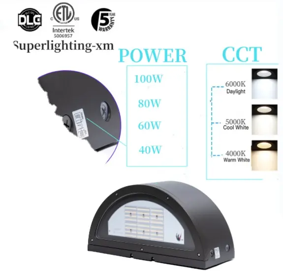 Superlighting ETL backup di emergenza CCT & Power Dial sensore di movimento fotocellula su e giù LED crescent Wall Pack Light