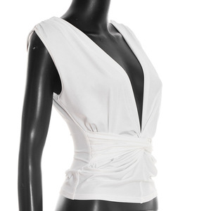 Viviblook J26TP038 Vêtements d'été pour femmes Nouveau pull à col en V couleur unie plissé torsadé débardeur - Product Image 2