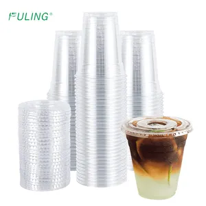 FULING Custom Logo 12oz Clear Bubble Milk Tea Cup Disposable Pet Plastic Cup With Lids For Cold Drink