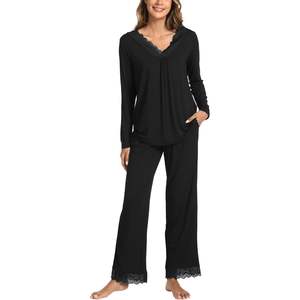 Conjunto de Pijama de Mujer de Viscosa de Bambú Personalizado, Manga Larga, con Ribete de Encaje, Suave, 2 Piezas - Product Image 5