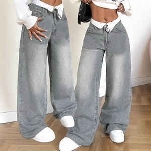 Rétro Hot Girl Flip <span class=keywords><strong>Taille</strong></span> Denim Jeans Femmes Solide Couleur Lâche Droite Respirant Pantalon - Product Image 3