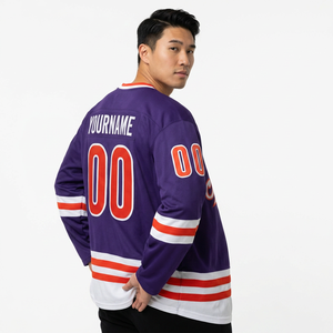 Men's Orange White Ice Hockey Jersey V-Neck Full Sleeve Sublimated Moisture Wicking Team Apparel 100% Polyester Front 3D Pattern - Product Image 1