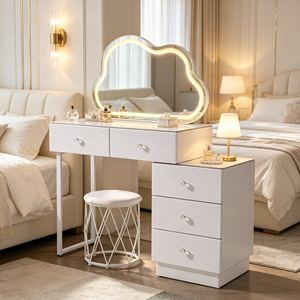 Modern Makeup <b>Vanity</b> With Lighted Cloud <b>Mirror</b> Storage Drawers Bedroom <b>Dressing</b> <b>Table</b> With Stool - Product Image 6