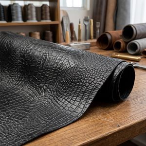 Tissu en cuir véritable de vachette gaufré crocodile noir pour sacs DIY - Product Image 2