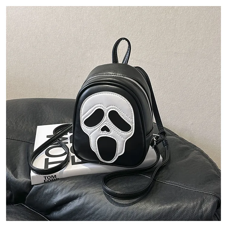2023 Neuer gotischer Halloween-Rucksack aus PU-Leder Skull Ghost Face Scream Wallet Schwarzweiss-Unisex-Rucksack