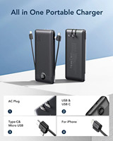 Cargador de viaje portátil Paquete de batería Cargador de pared de enchufe de CA plegable y cable incorporado Banco de energía 2 en 1 10000mAh